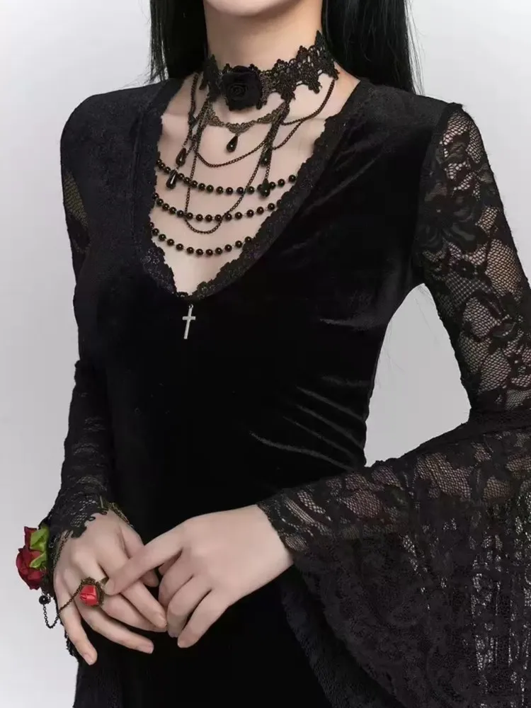 Vampiric Velvet Lace Batwing Dress