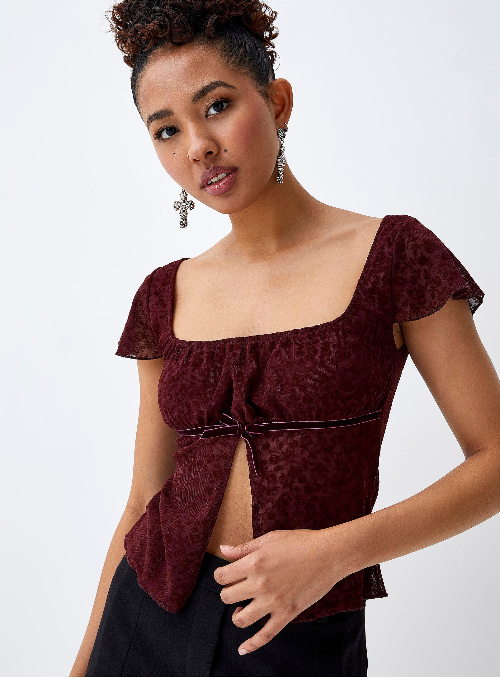 Gothic Red Crop Top with Square Neck and Side Slit