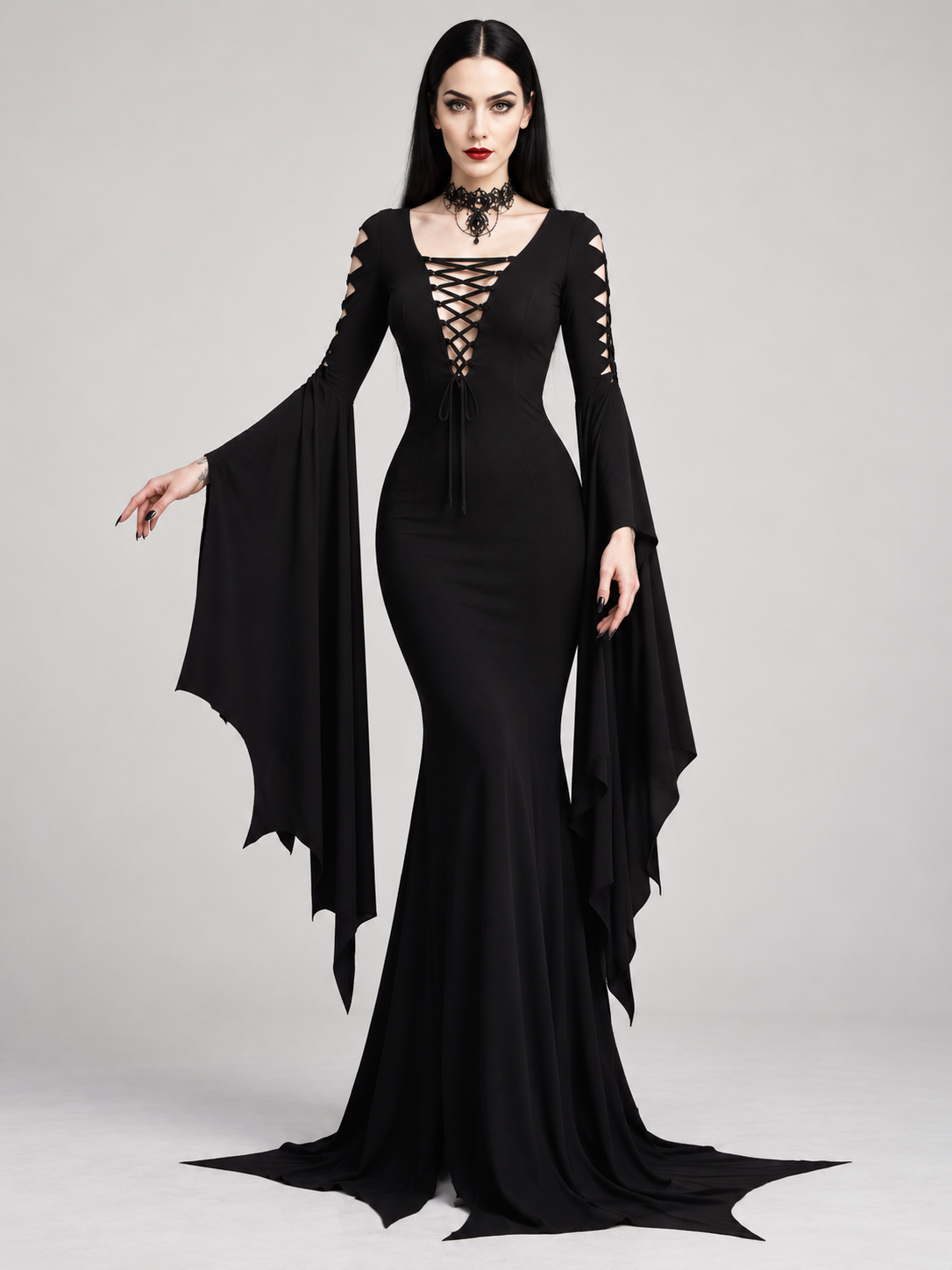 Witchveil Maxi Gothic V-Neck Bat Sleeve Dress