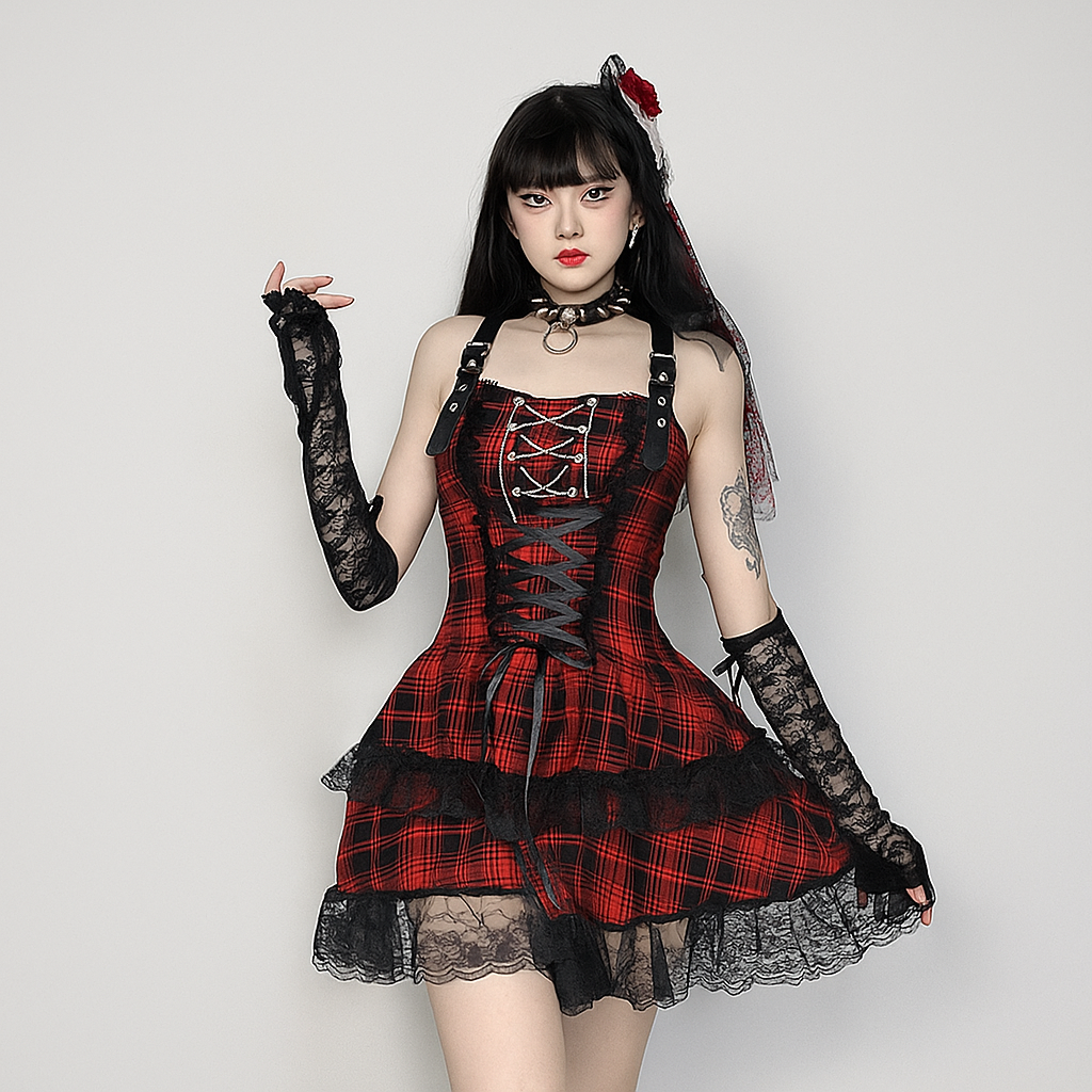 Shadow Plaid Gothic Lolita Dress with Dark Corset Lace-Up Design - Red / M Shadow Plaid Gothic Lolita Dress with Dark Corset Lace-Up Design - Red / M