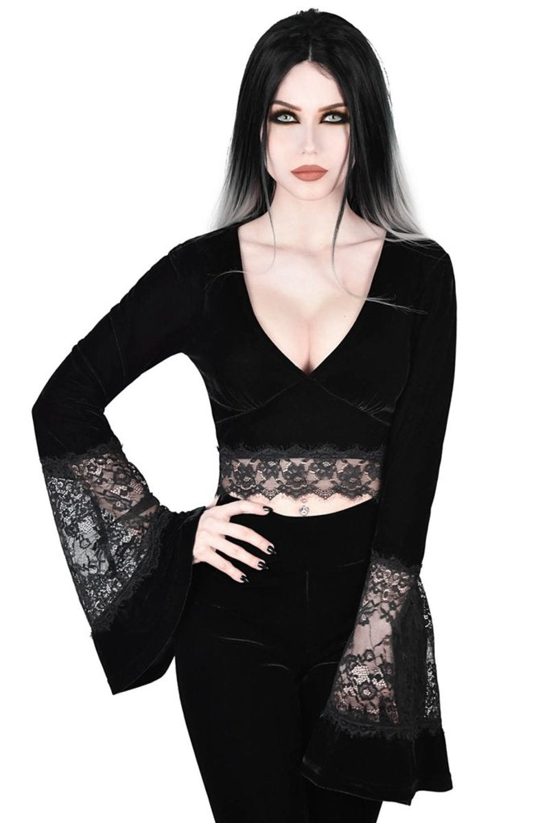 Sheer Lace Flared Sleeve Crop Top