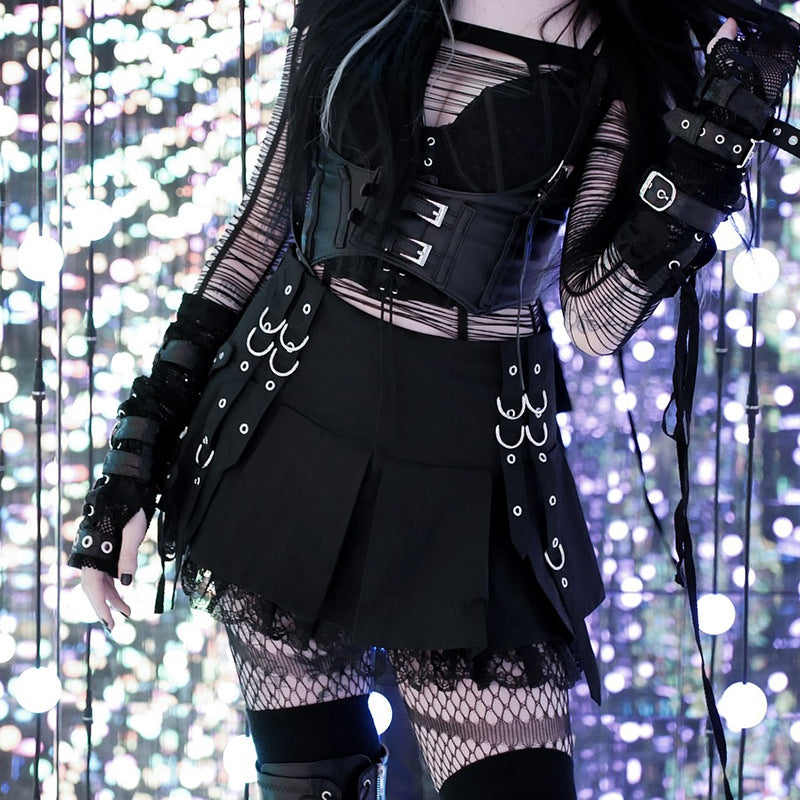 Gothic Black Pleated Mini Skirt with Irregular Strap Design