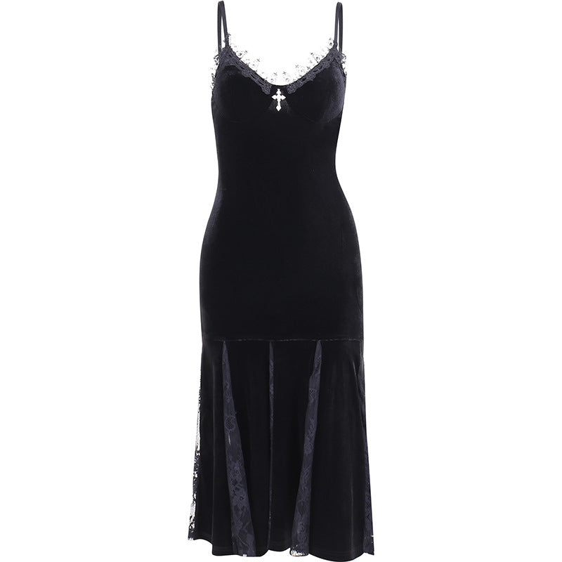 weissman velvet slip dress with lace Lace Trimmed Dark Velvet Slip Dress