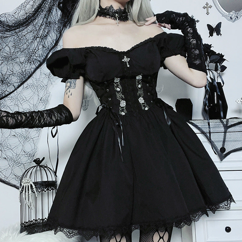 Rose of Darkness Gothic A-Line Dress with Lace Details