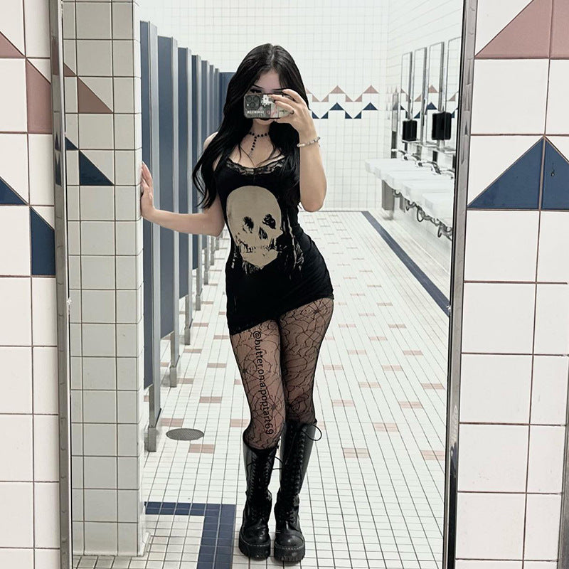 Skull Print Sleeveless Gothic Dress with High Waist Design