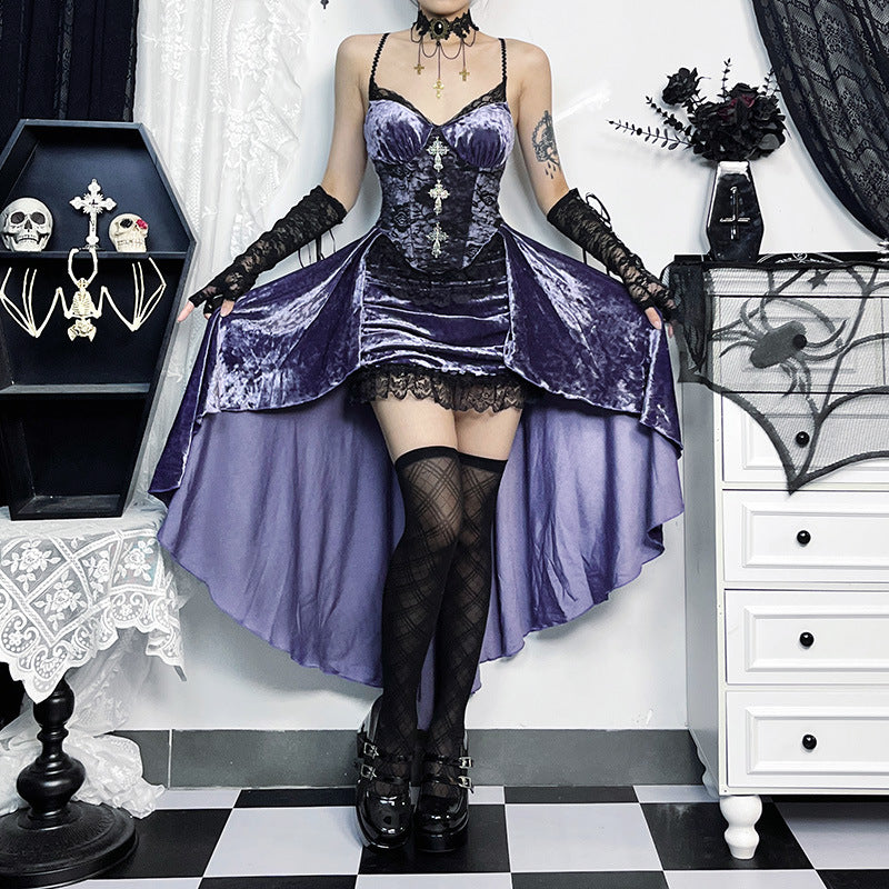 Gothic Purple High-Low Dress with Lace Accents – Sourpuss