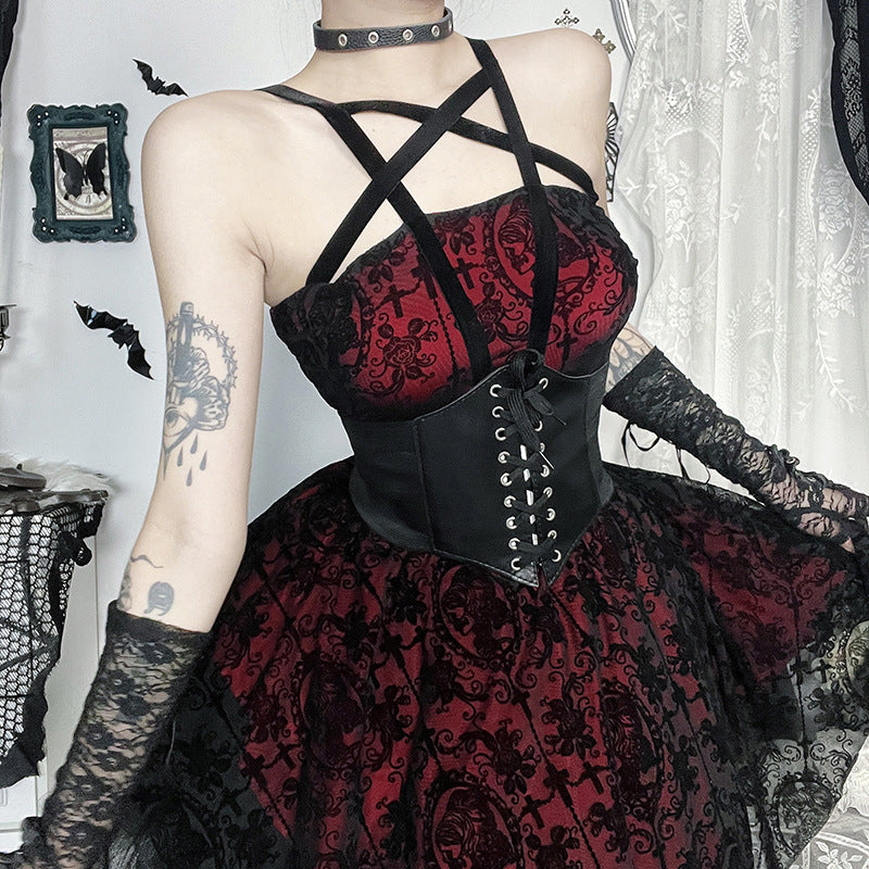 red night gothic collar mini dress Christmas Red Lolita Dress Female Gothic Rock Party Mini Dress Women Retro Dress