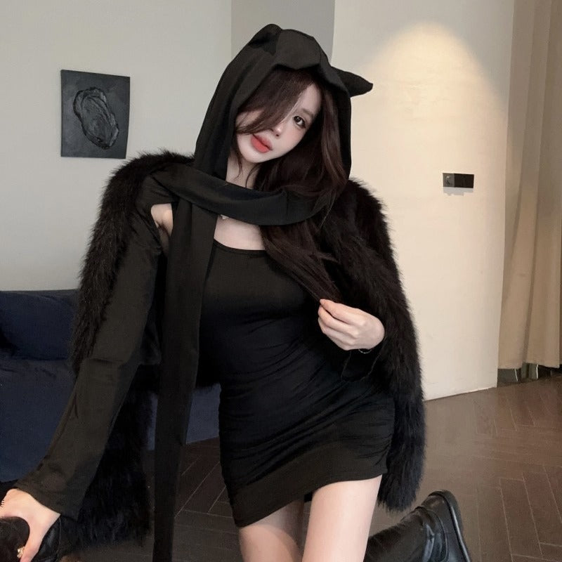 Gothic Cat-Ear Mini Dress Set with Slanted Neckline