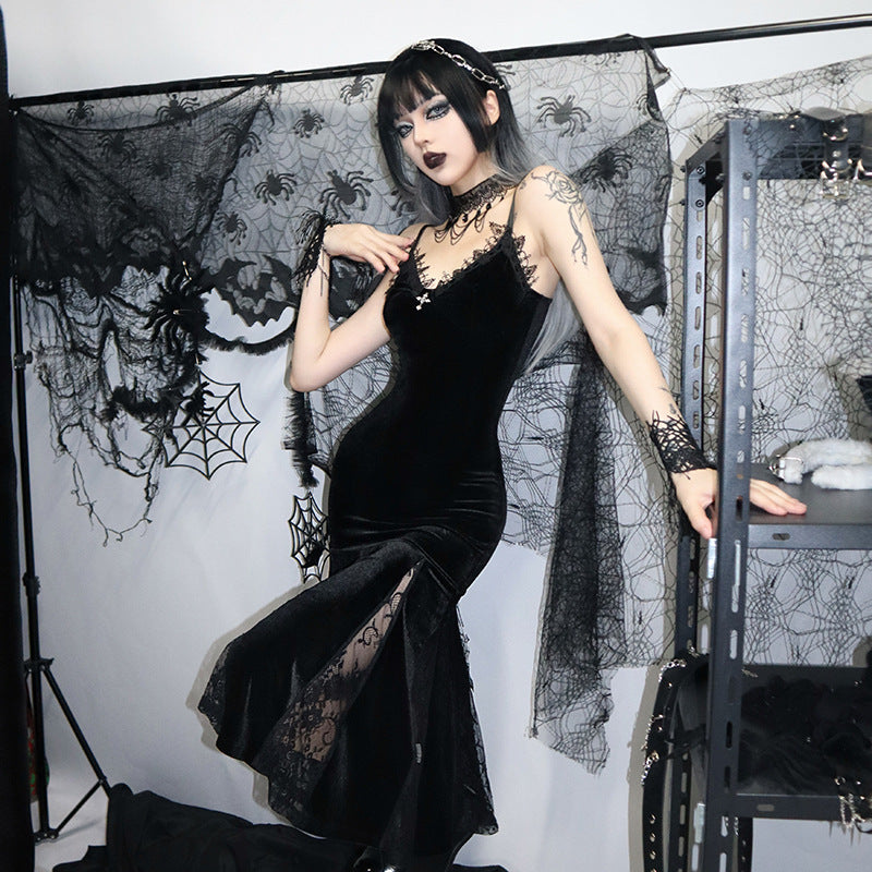 Lace Trimmed Dark Velvet Slip Dress Lace Trimmed Dark Velvet Slip Dress