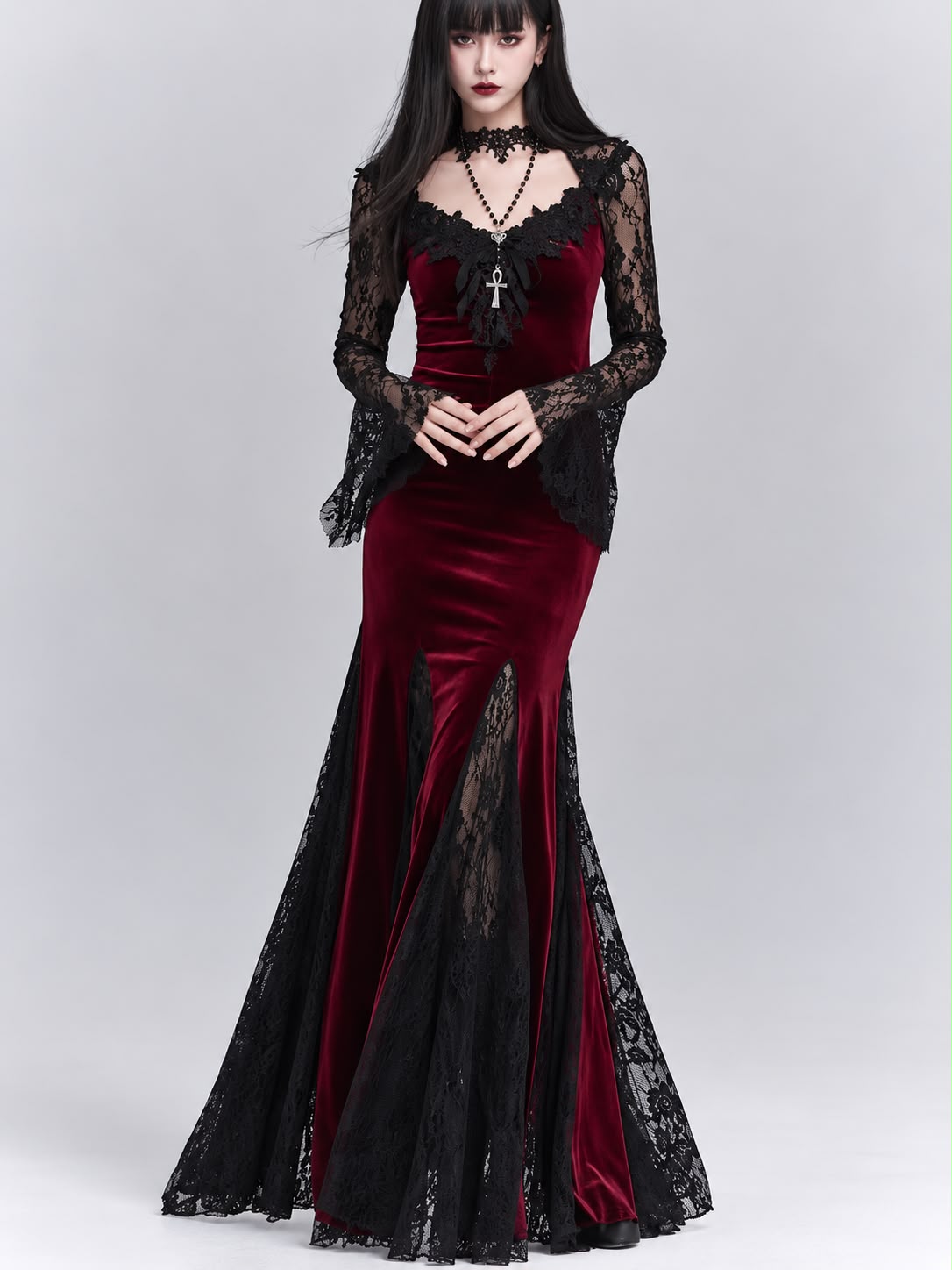 Crimson Lace Siren Dress – Dark Floral Gothic Bodycon Gown