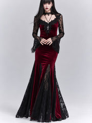 Crimson Lace Siren Dress – Dark Floral Gothic Bodycon Gown