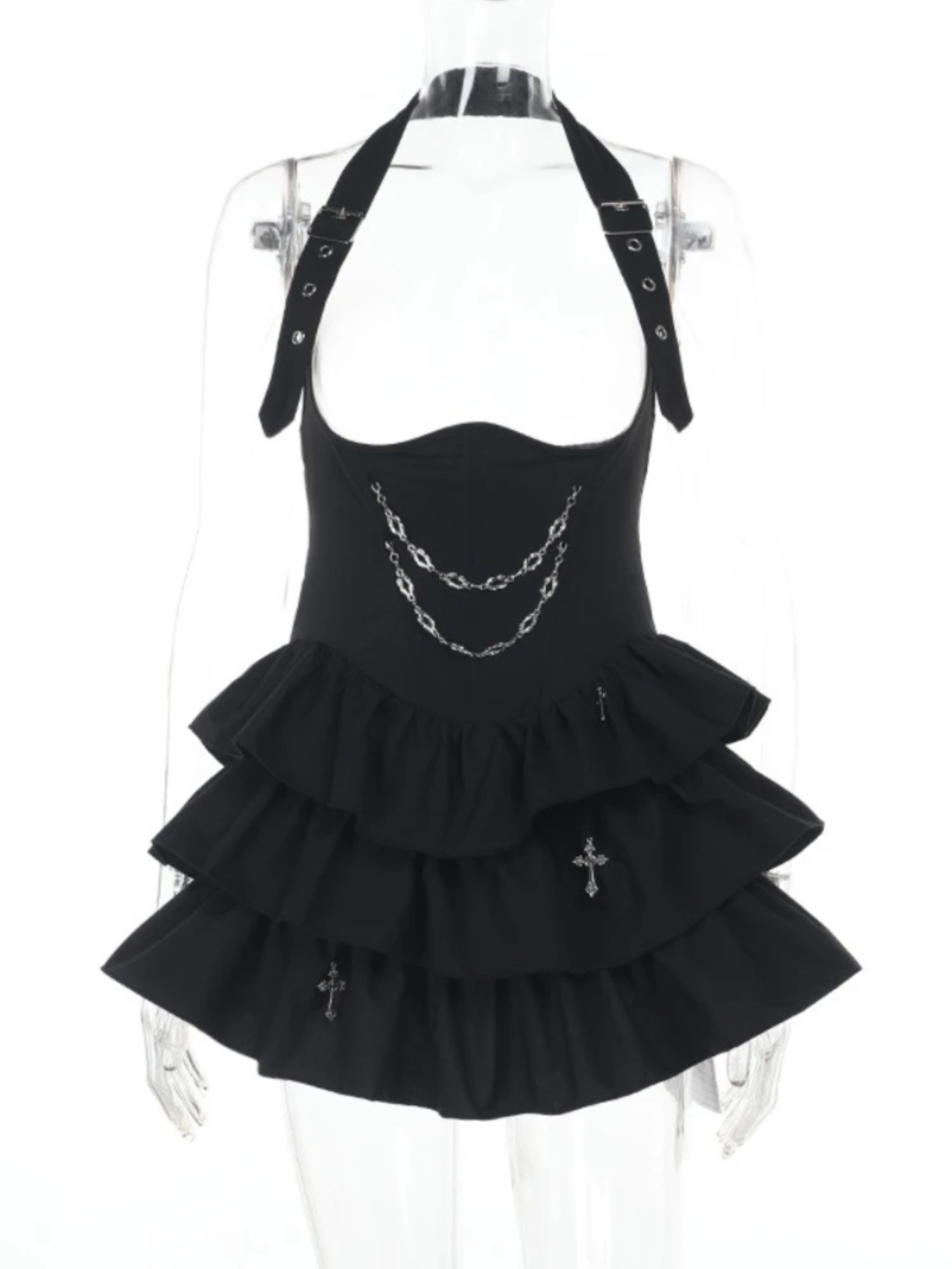 Gothic Ruffle Strap Mini Dress with Dark Puff Skirt and U-Neckline