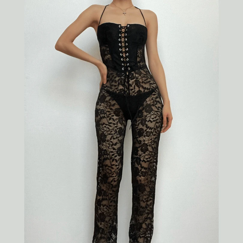Gothic Sheer Lace Jumpsuit with Lace-Up Details