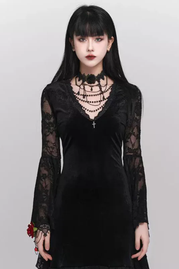 Vampiric Velvet Lace Batwing Dress