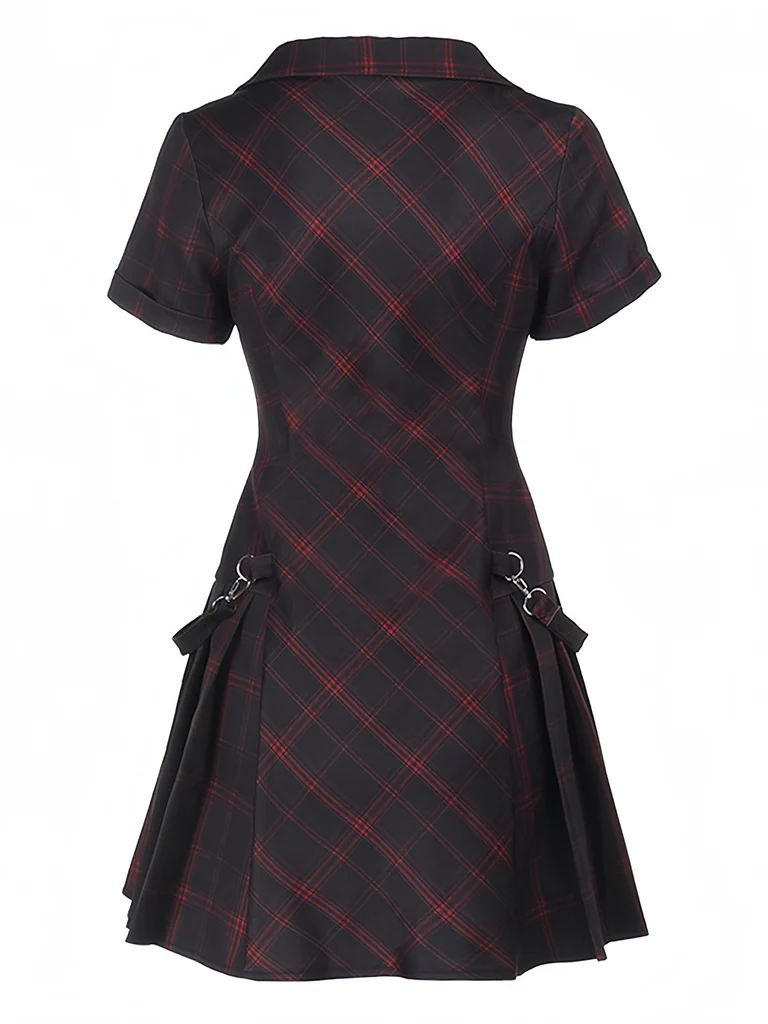 Gothic Punk Red Plaid Mini Dress with V-Neck and Short Sleeves