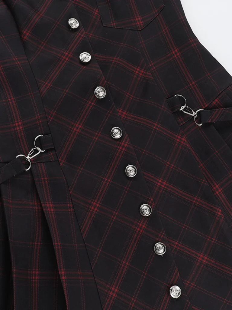 Gothic Punk Red Plaid Mini Dress with V-Neck and Short Sleeves