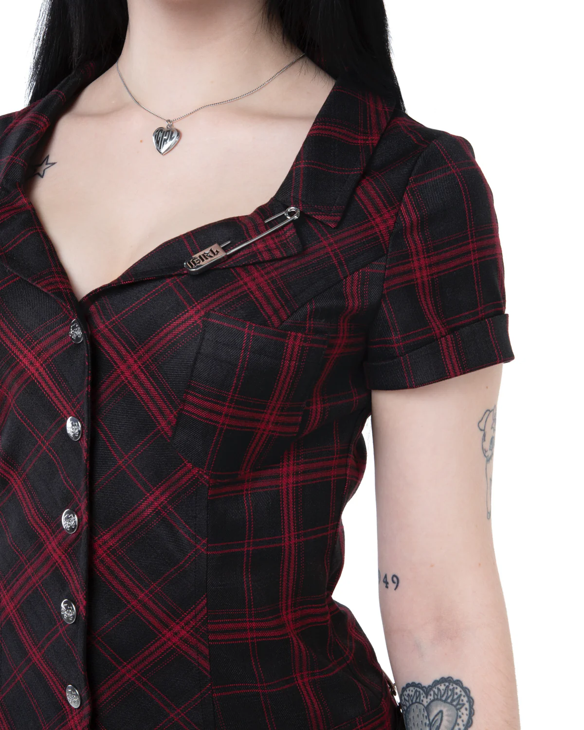 Gothic Punk Red Plaid Mini Dress with V-Neck and Short Sleeves