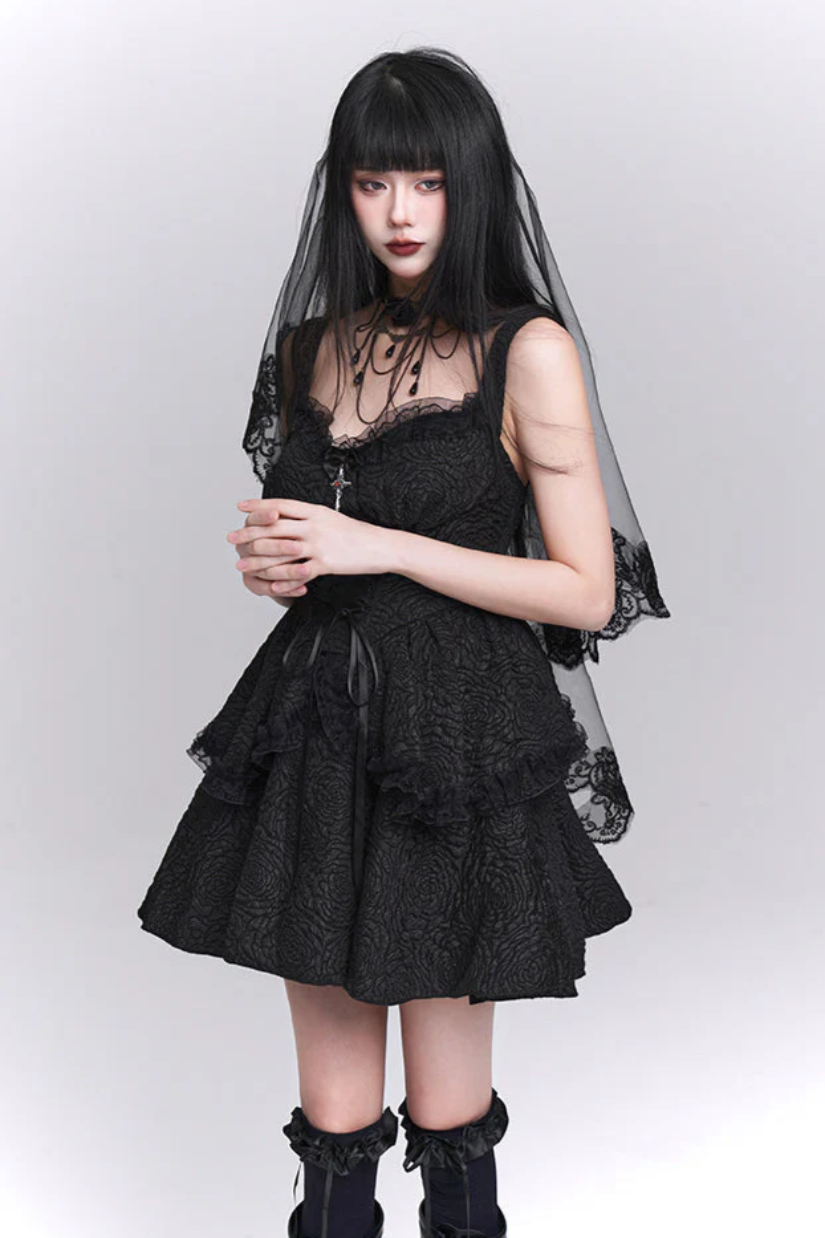 Black Lace-Up Flared Gothic Dress