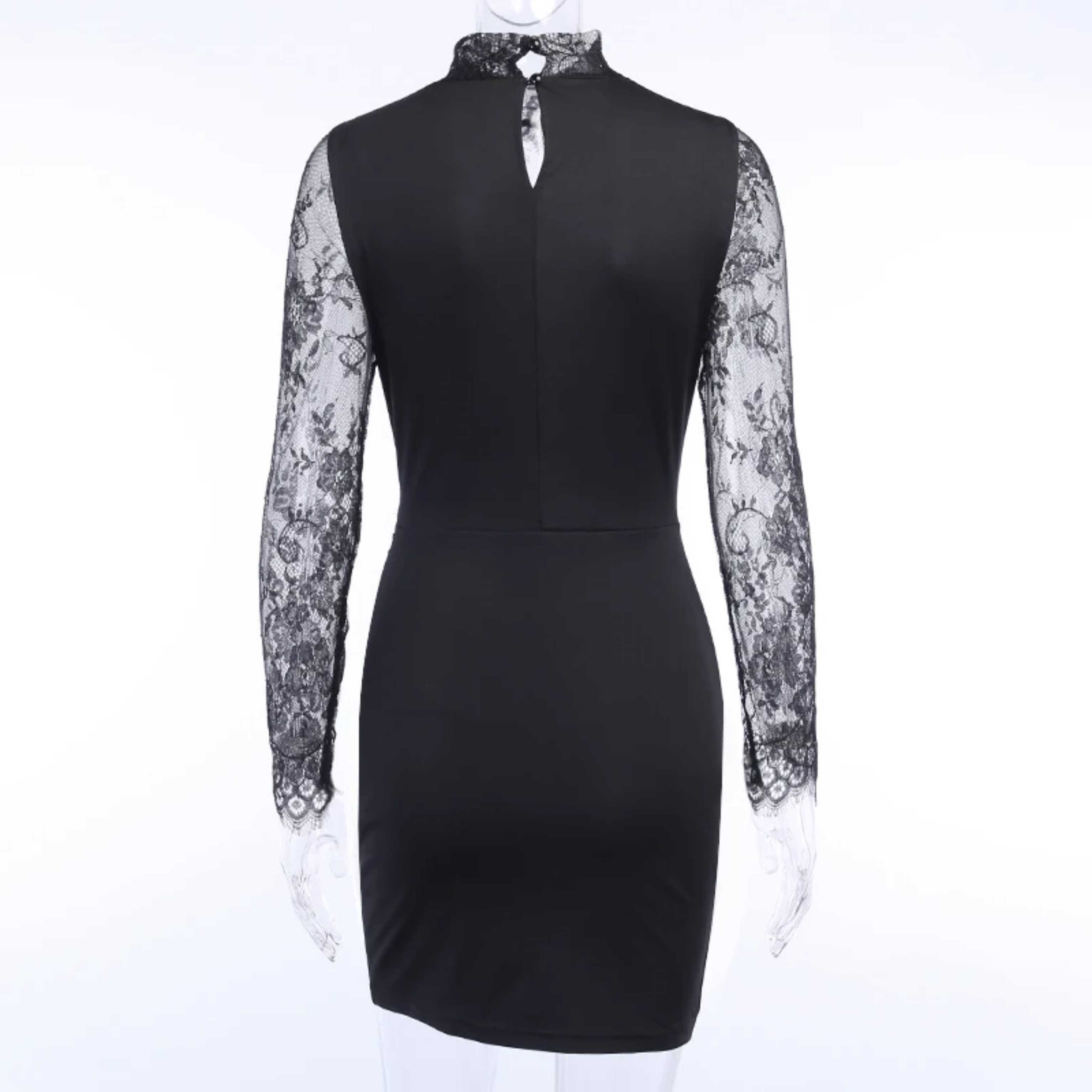 Midnight Widow Lace Dress - Gothic V Neck Bodycon Gown with Lace Sleeves