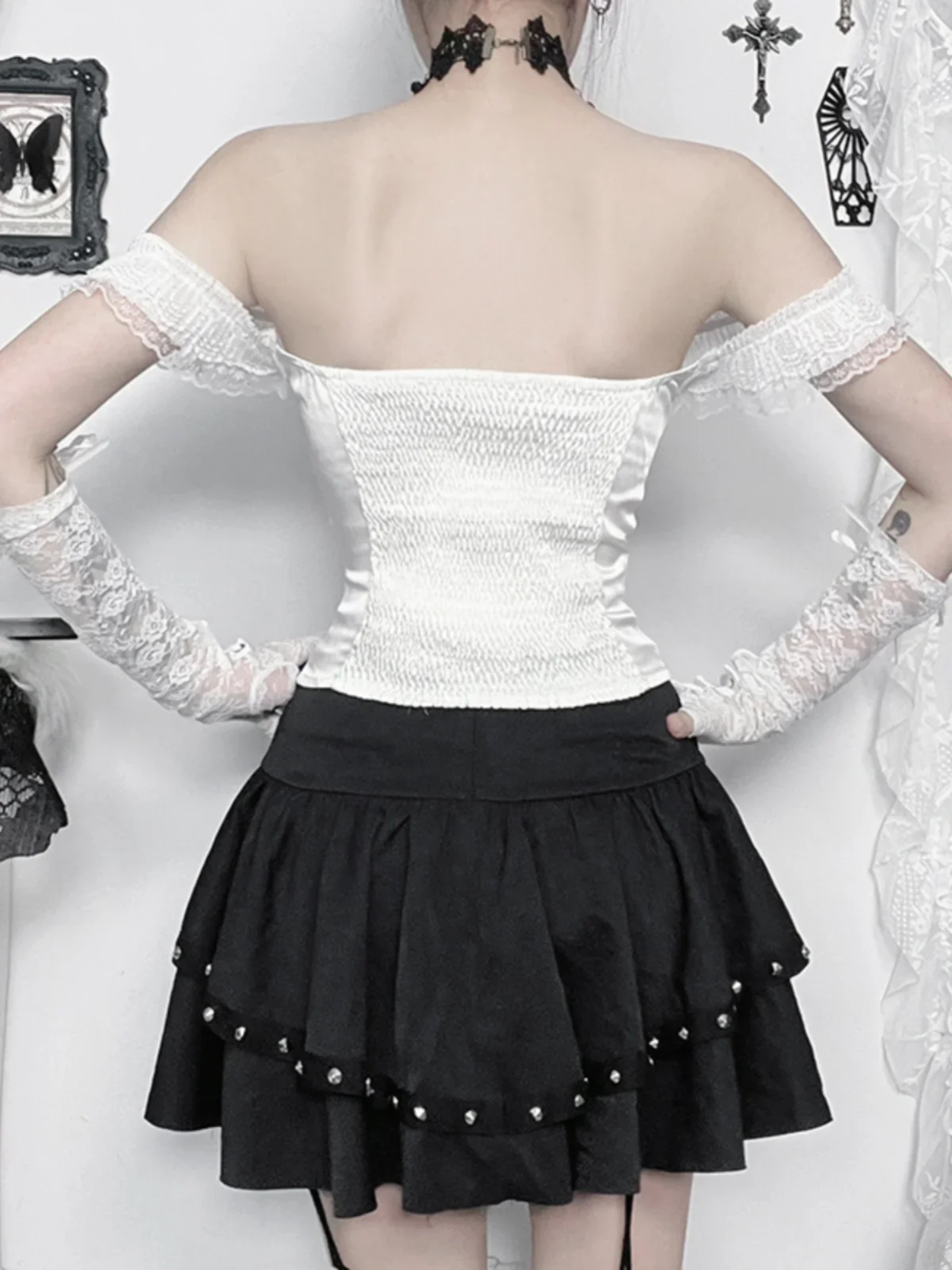 Ghost Bride Off Shoulder Gothic Top with Lace Accents