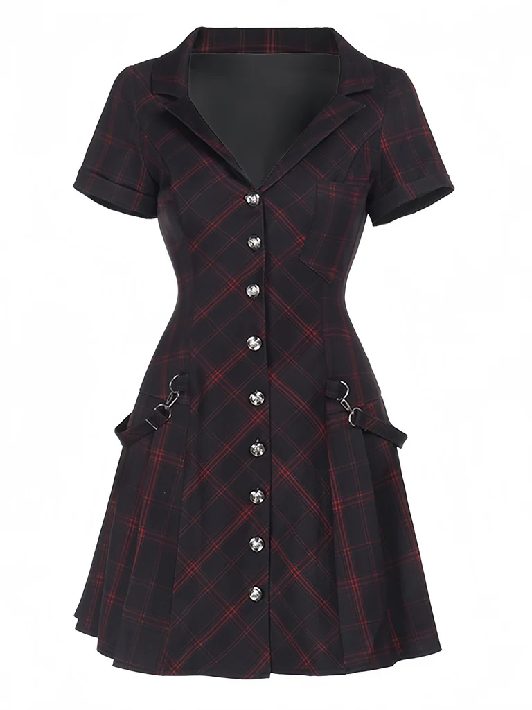 Gothic Punk Red Plaid Mini Dress with V-Neck and Short Sleeves