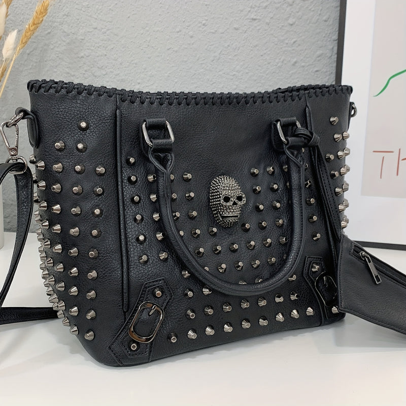 HalloweenWomens shoulder bag set with rivets and skull head steampunk style tote bag large capacity shoulder travel bag ideal choice for Halloween and daily use