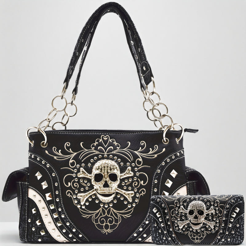 Punk Gothic Rock Metallic Skull Day Of The Dead Floral Sugar Skull Purse Women Handbag Shoulder Bag Wallet Set