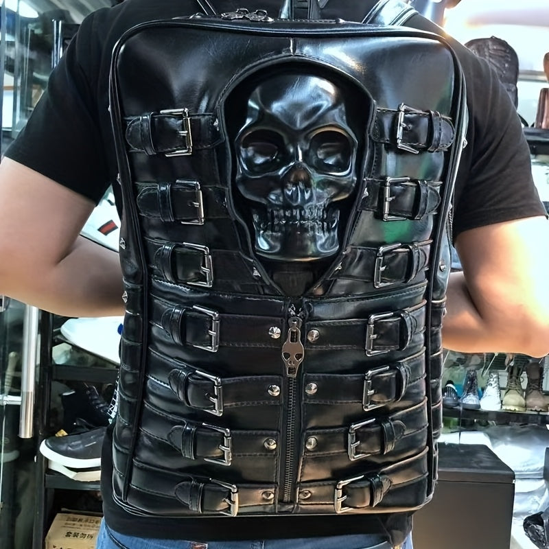 Load video: Stylish Black Skull Rivet Backpack  Punk Rock Laptop  Travel Bag with Adjustable Straps Polyester Lining for Parties Concerts  Casual Outings