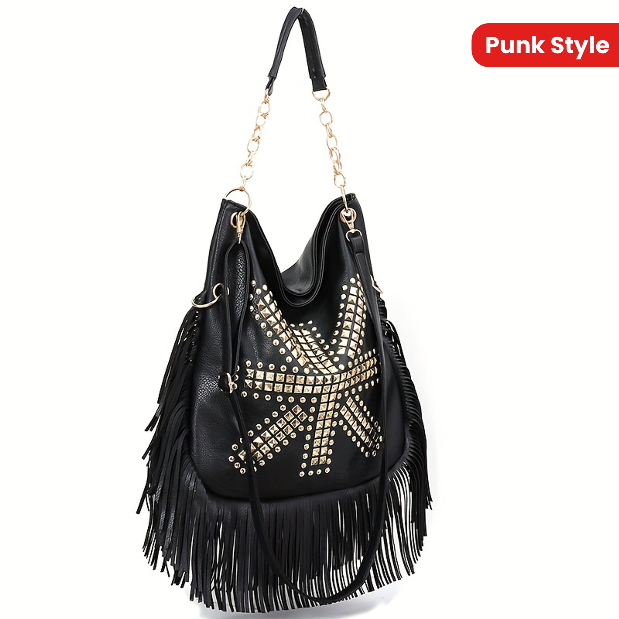 Load video: Punk Style Rivet Shoulder Bag Trendy Fringed Hobo Bag Vintage Tassel Crossbody Bag For Travel Work School