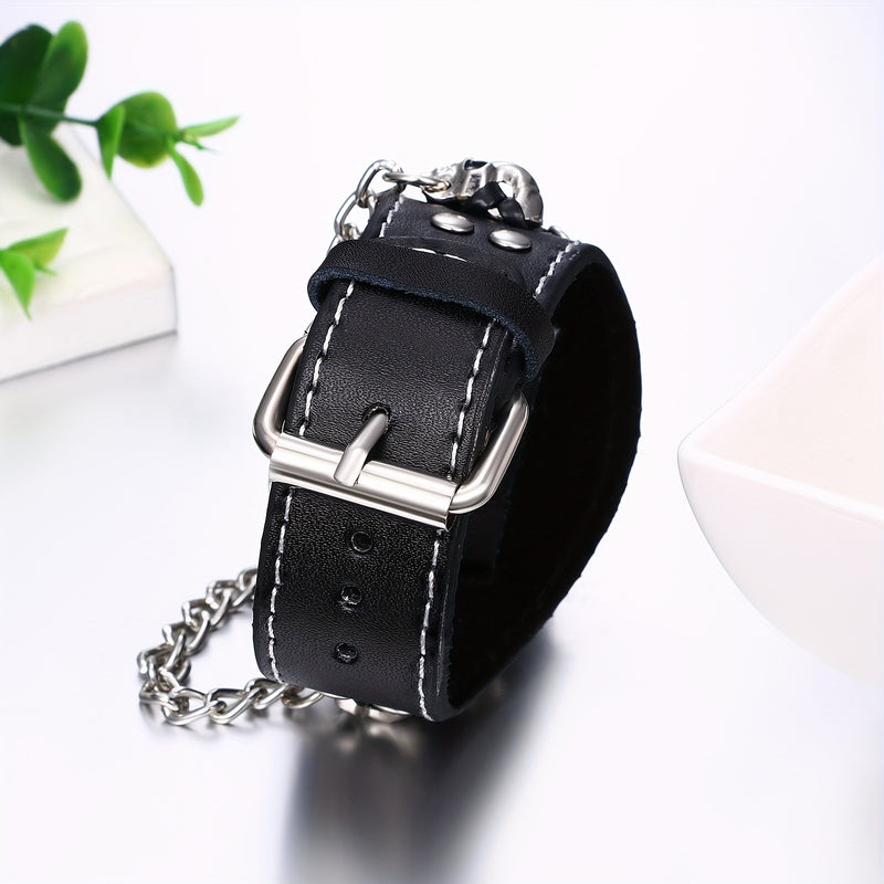 Mens Gothic Punk Skull Watch with Chain  Large Black Wide Cuff Analog Quartz Wristwatch GoldenTone Hands  Roman Numerals BatteryPowered Durable Metal Construction for Halloween Valentines Day  Casual Attire  Edgy Statement Accessory for Men