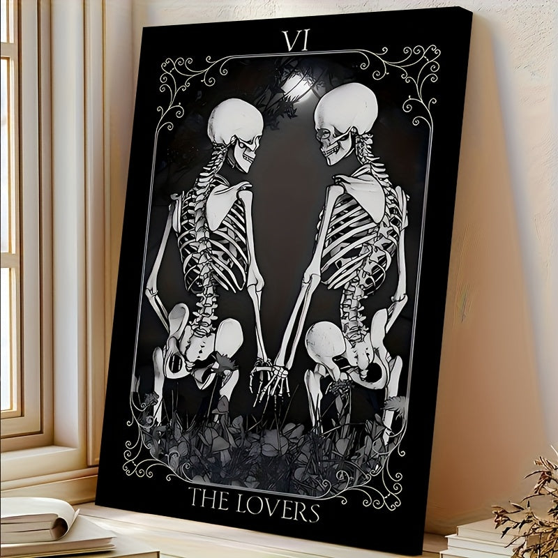 Load video: Skeletal Tarot The Lovers Card Canvas Art  Gothic Romance Skeleton Couple Illustration with Wooden Frame Dark Floral Background Perfect for Halloween Mothers Day Fathers Day and Unique Home Decor Highquality Print Gothic Home Decor