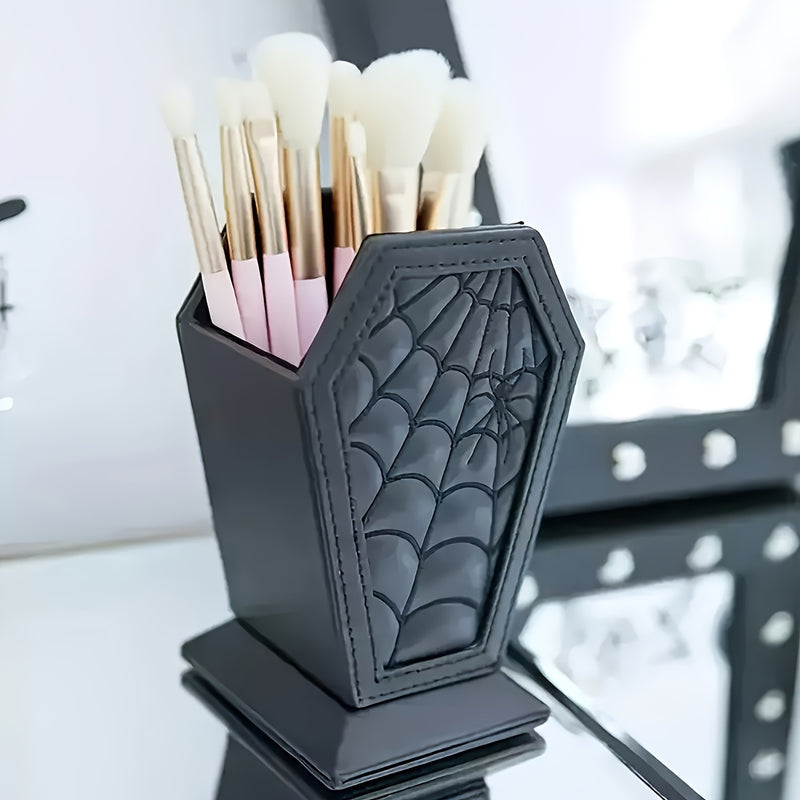Gothic CoffinShaped Spider Web Makeup Brush Holder  Lightweight Plastic Desk Organizer for Vanity or Office Decor