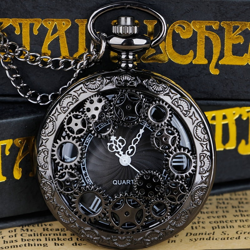Vintage Black Roman Numeral Pocket Watch with Hollow Gears  Quartz Movement World Time Function Alloy Case  Chain MechanicalInspired Design for Mens Fashion Accessories