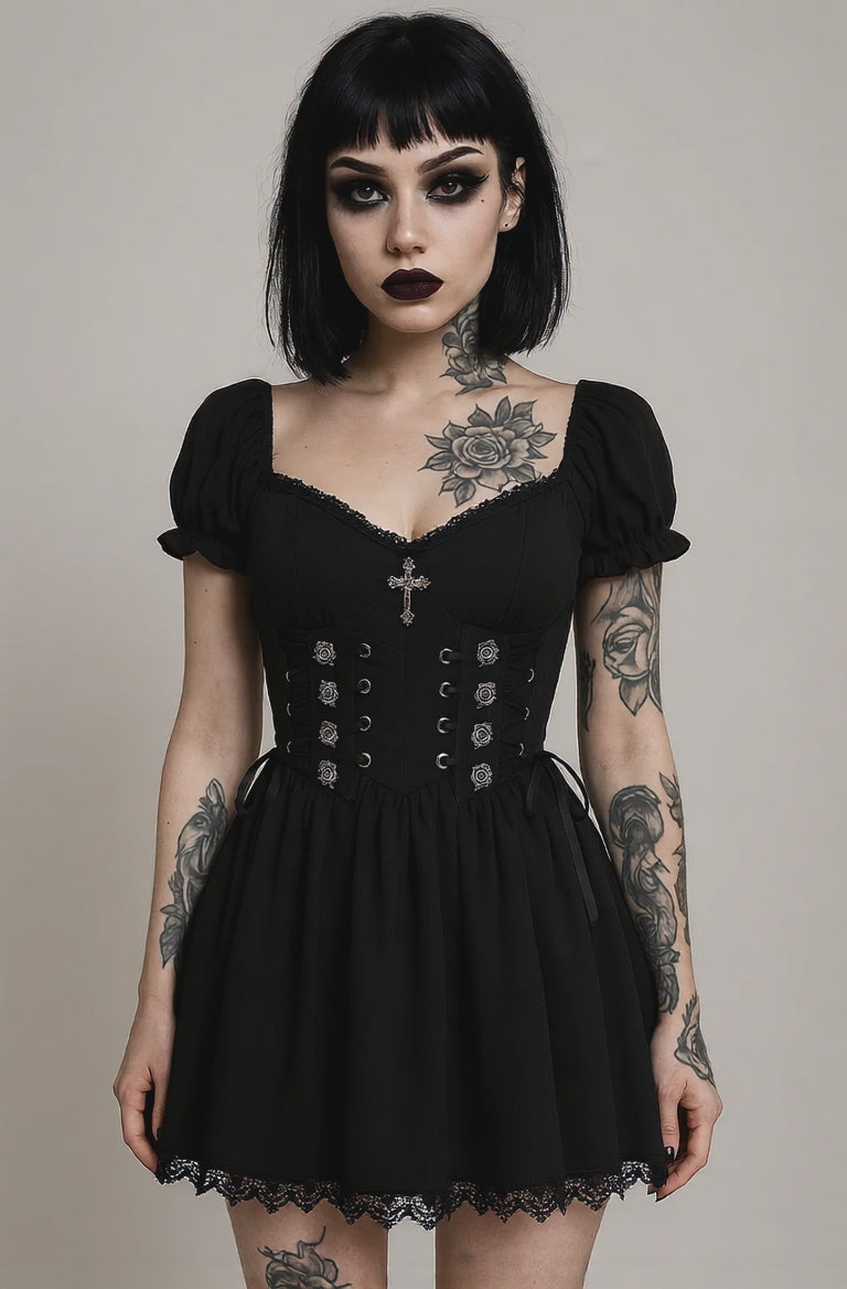 Load video: Enchanting Gothic Dress with Intricate Lace and Corset Detail