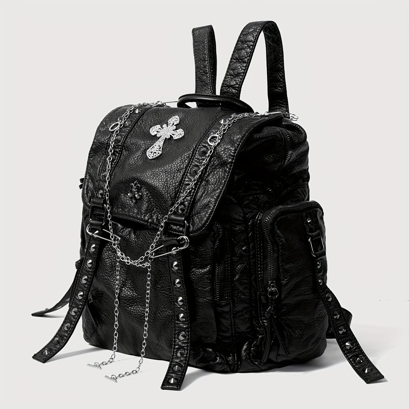 Load video: Halloween Dark Gothic Unisex Backpack with Rhinestone Hardware Chain Pendant Soft Large Capacity Casual Street College Vintage Punk Style Studded Shoulder Bag for School and Travel