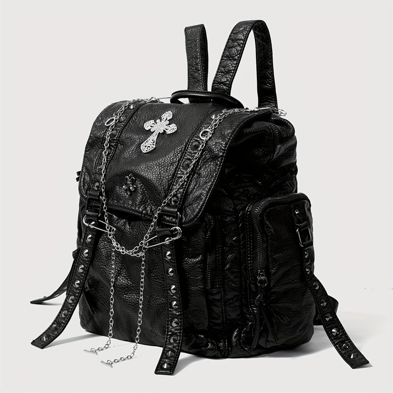 Halloween Dark Gothic Unisex Backpack with Rhinestone Hardware Chain Pendant Soft Large Capacity Casual Street College Vintage Punk Style Studded Shoulder Bag for School and Travel