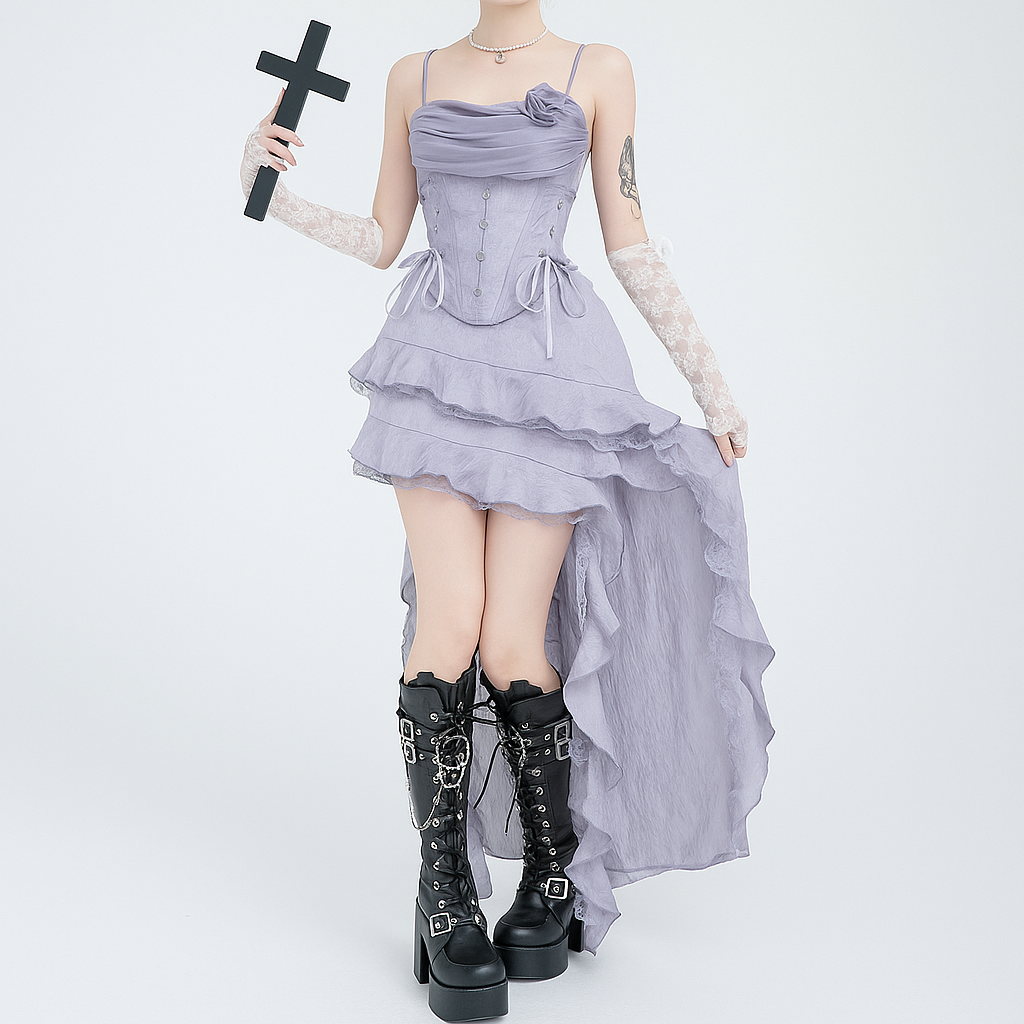 Silver Gray Gothic Floral Asymmetrical Skirt Set