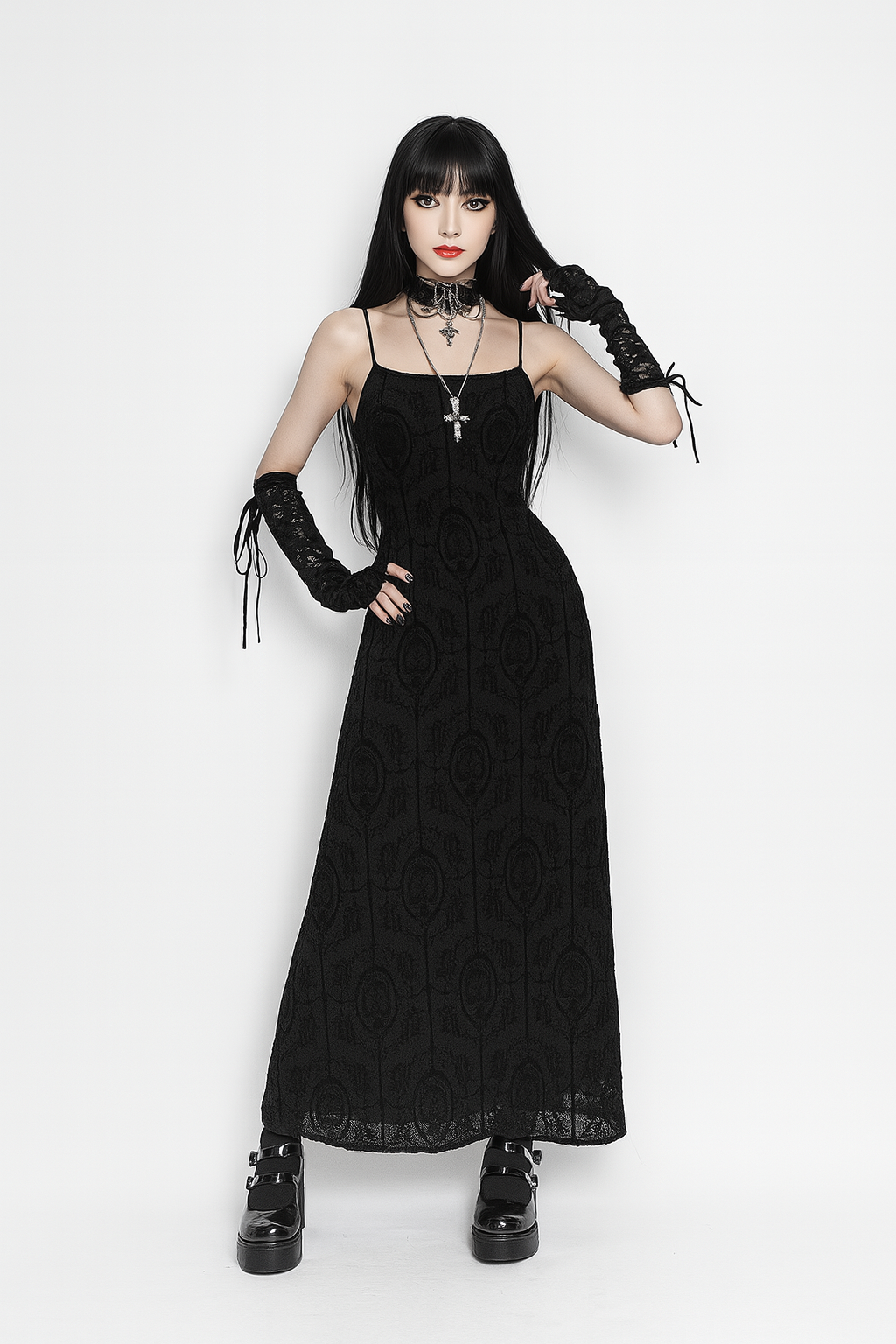 Gothic Crossback Bodycon Dress with Floral Pattern and Spaghetti Straps