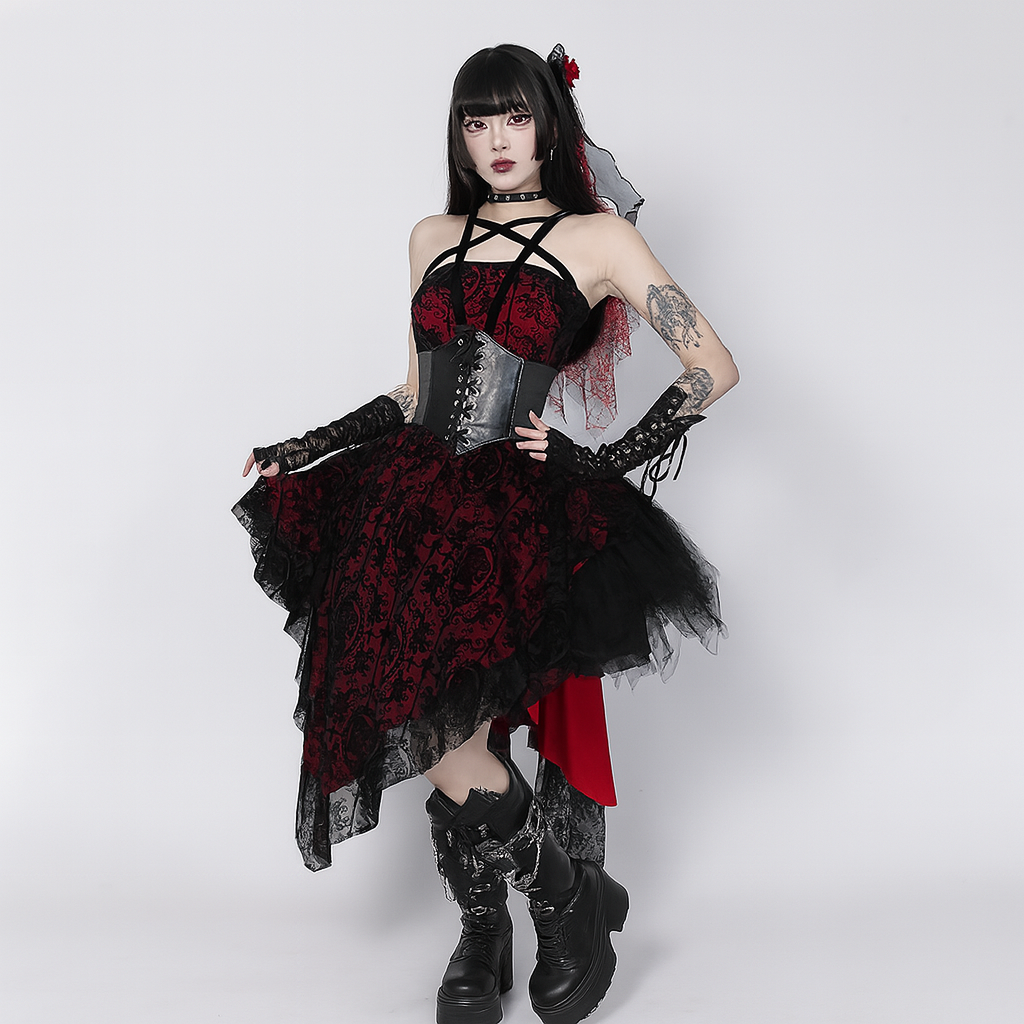 Gothic Red Flocked Mini Dress With Irregular Halter Neck