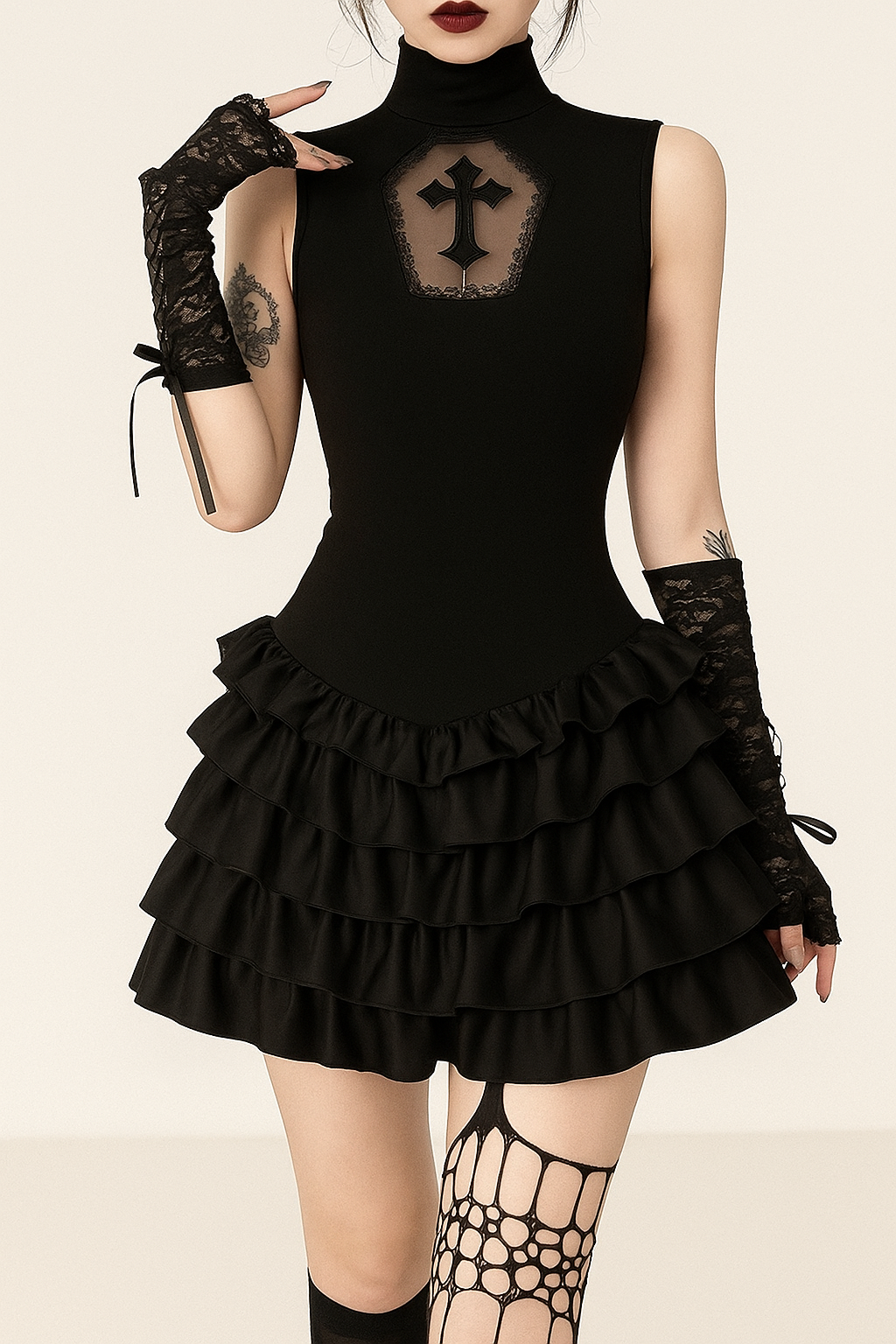 Dark Cross Lace Trim Vest Dress