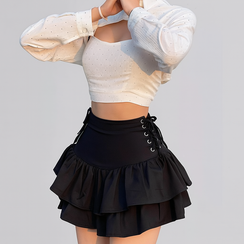 Gothic Ruffled Lace Mini Dress in Black Red and Burgundy