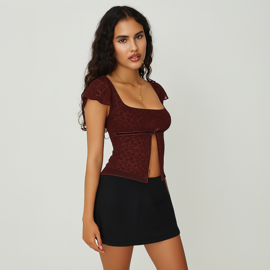 Gothic Red Crop Top with Square Neck and Side Slit