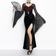 Gothic Spiderweb Velvet Slit Dress with Bell Sleeves for Halloween Elegance
