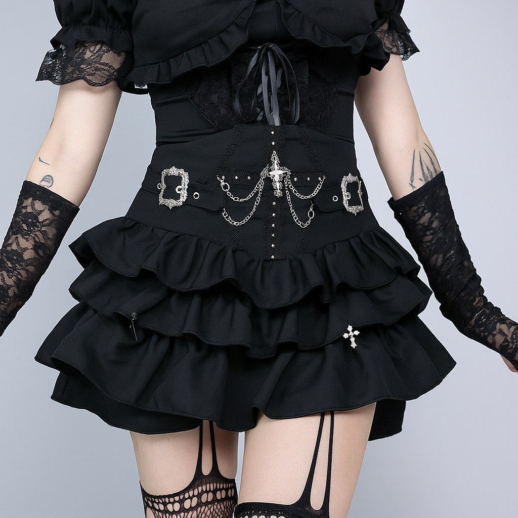 Gothic Black Pleated Mini Skirt with Dark Cross Accent