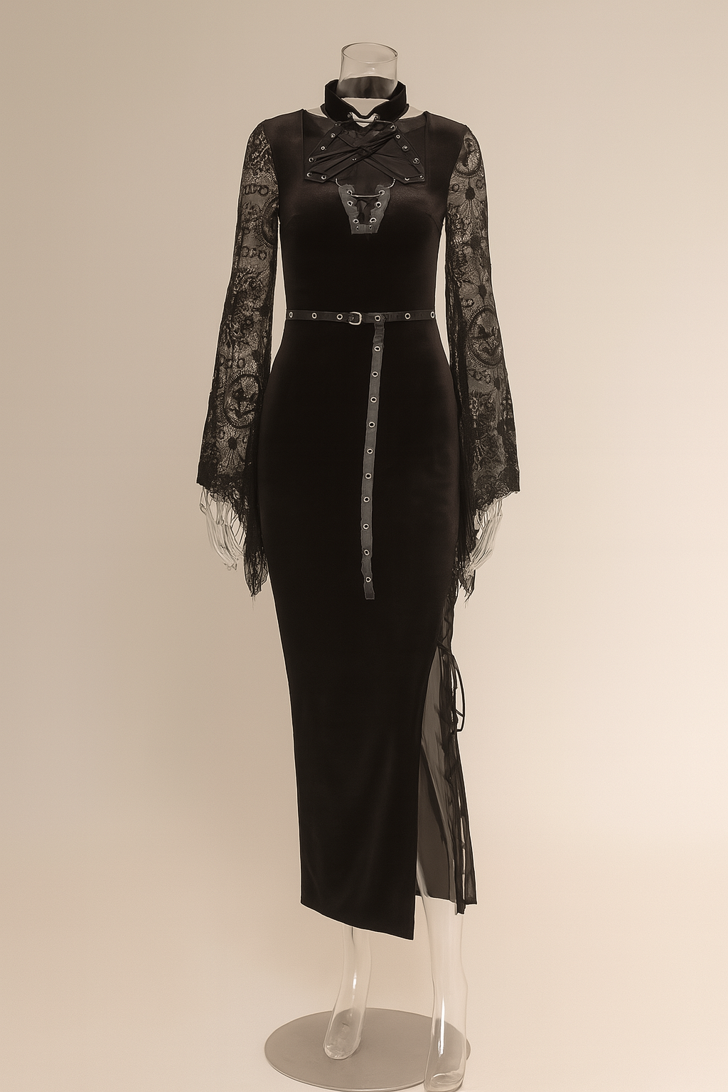 Gothic Belle Dress with Flared Sleeves and Sultry Side Slit