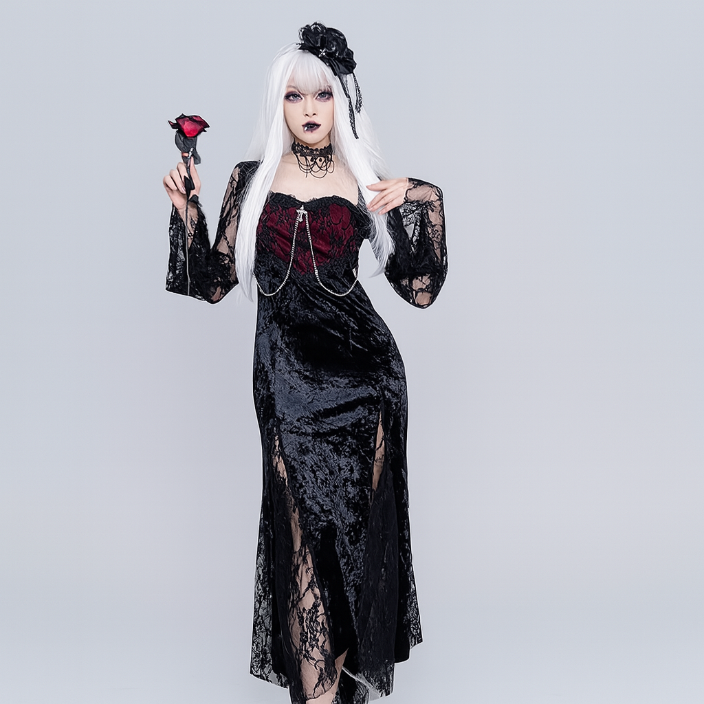 Gothic Lace Velvet Dress with High Slit and Bell Sleeves