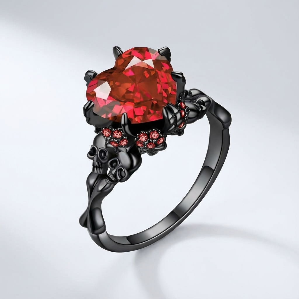 Gothic Black Double Skull Ring with Red Heart-Shaped Crystal – Vintage Women’s Jewelry for Parties, Weddings, and Casual Attire, Skull Jewelry