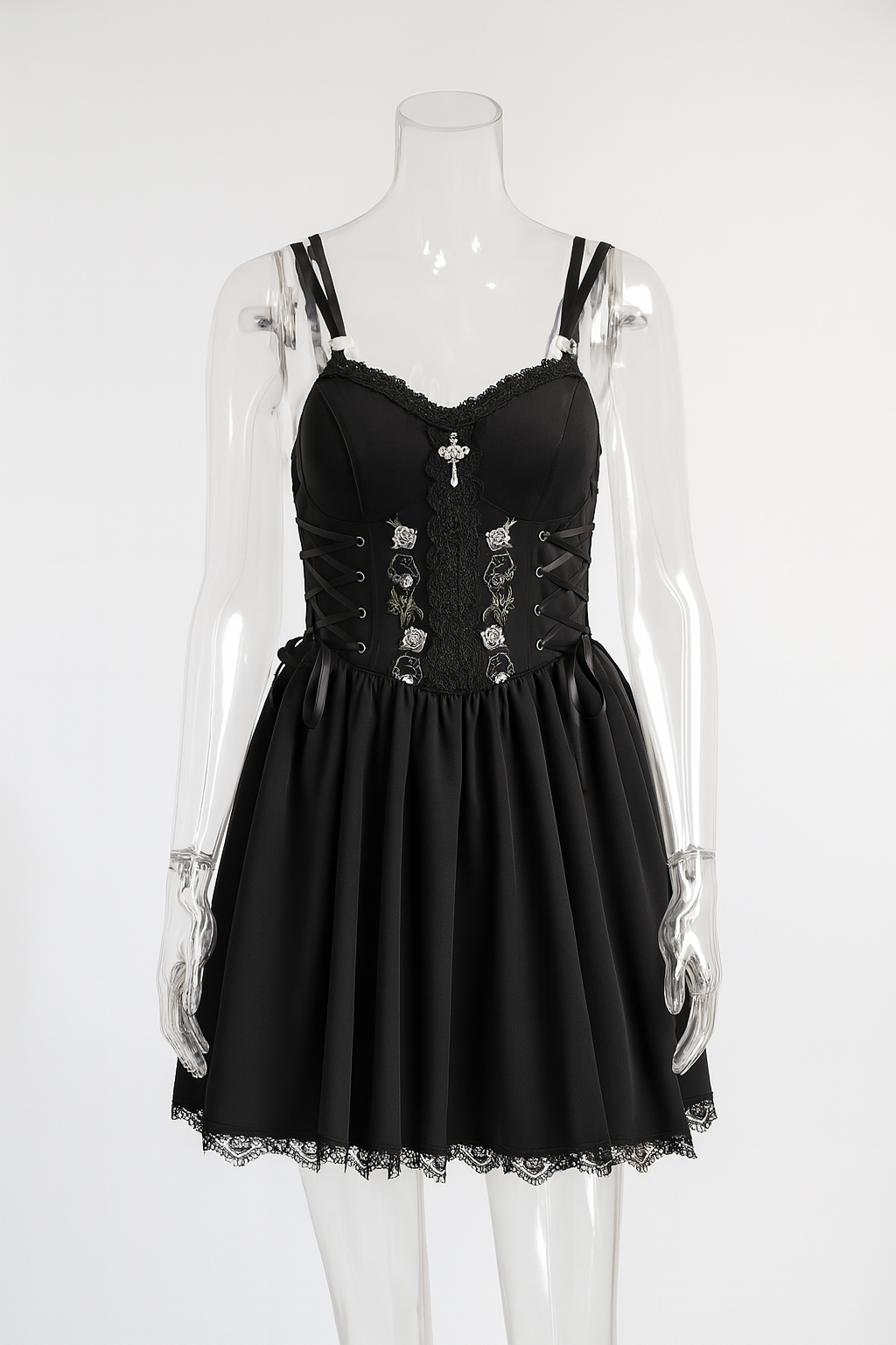 Gothic Elegance A-Line Dress with Lace Detailing