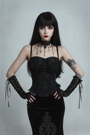 Gothic Lace Crop Top with Floral Jacquard and Adjustable Straps