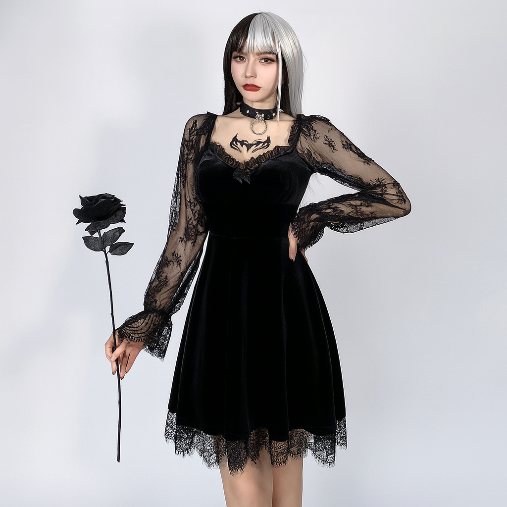 Gothic Ruffled Lace Mini Dress in Black Red and Burgundy